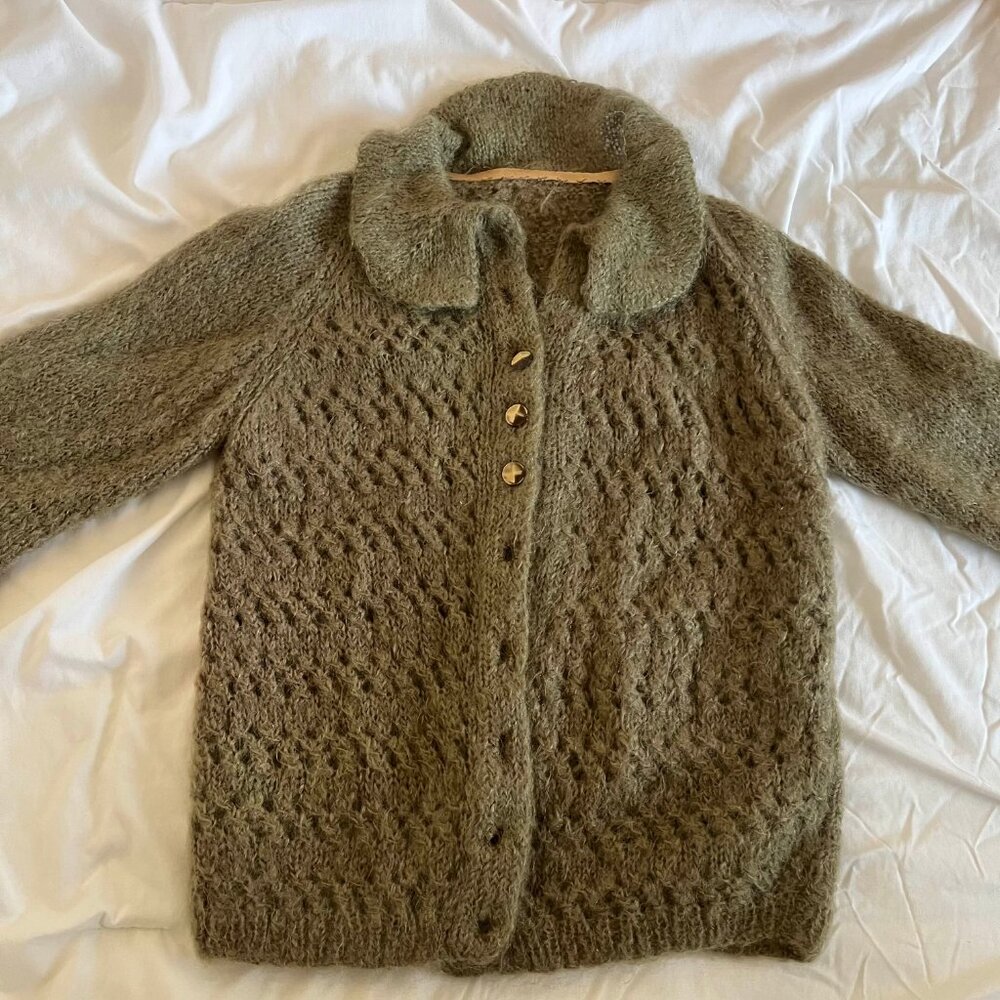 Green Hand Knit Wool Cardigan - Chunky and Fuzzy